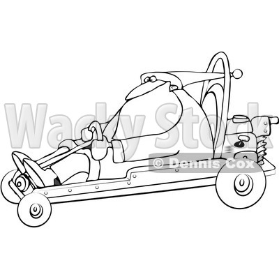 Royalty-Free Vector Clip Art Illustration of a Black And White Santa Driving A Go Kart Outline © djart #1054272
