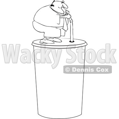 Clipart Outlined Chubby Man Drinking From A Straw On A Giant Fountain