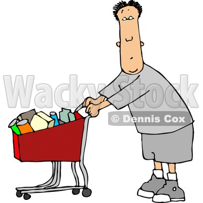 Man Pushing a Shopping Cart Filled with Food in a Grocery Store Clipart