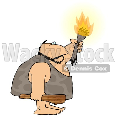 Caveman Holding a Club Weapon and Lit Torch Clipart Picture © djart #6172