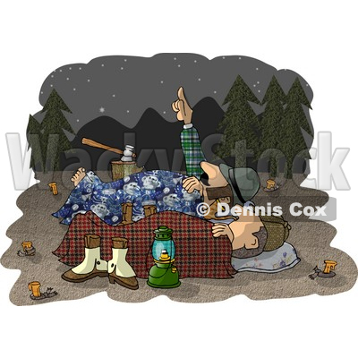 Two Men Camping Together Under the Starry Night Sky Clipart Illustration