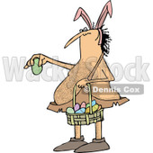 Clipart of a Cartoon Hairy Caveman Wearing Bunny Ears, Holding a Basket and an Easter Egg - Royalty Free Vector Illustration © djart #1303282