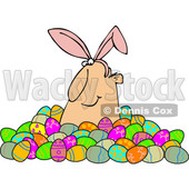 Clipart of a Happy White Man Wearing Bunny Ears and Popping out of a Pile of Decorated Easter Eggs - Royalty Free Vector Illustration © djart #1385549