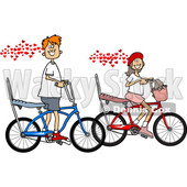 Clipart of a Cartoon in Love Caucasian Boy and Girl Riding Bikes with Hearts - Royalty Free Vector Illustration © djart #1443269