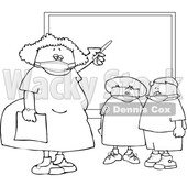 Cartoon Female Elementary School Teacher and Students Wearing Masks by a Chalkboard Lineart © djart #1719884