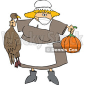 Cartoon Pilgrim Woman Holding a Turkey and Pumpkin and Wearing a Mask © djart #1728620