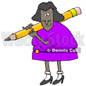 Clipart Illustration of a Black Lady in a Purple Dress, Carrying a Giant Yellow Pencil Over Her Shoulder © djart #19696