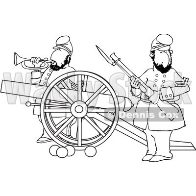 Clipart of Outlined Civil War Soldiers Holding a Rifle and Playing a ...