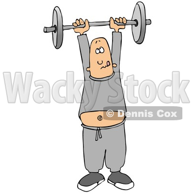 Man In Sweats, Struggling To Hold A Barbell Above His Head While Exercising In The Fitness Gym Clipart Illustration © Dennis Cox #14595